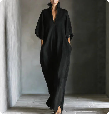Alejandra™ | Gúna fada dubh íoslaghdach le gearradh scaoilte agus muinchillí kimono