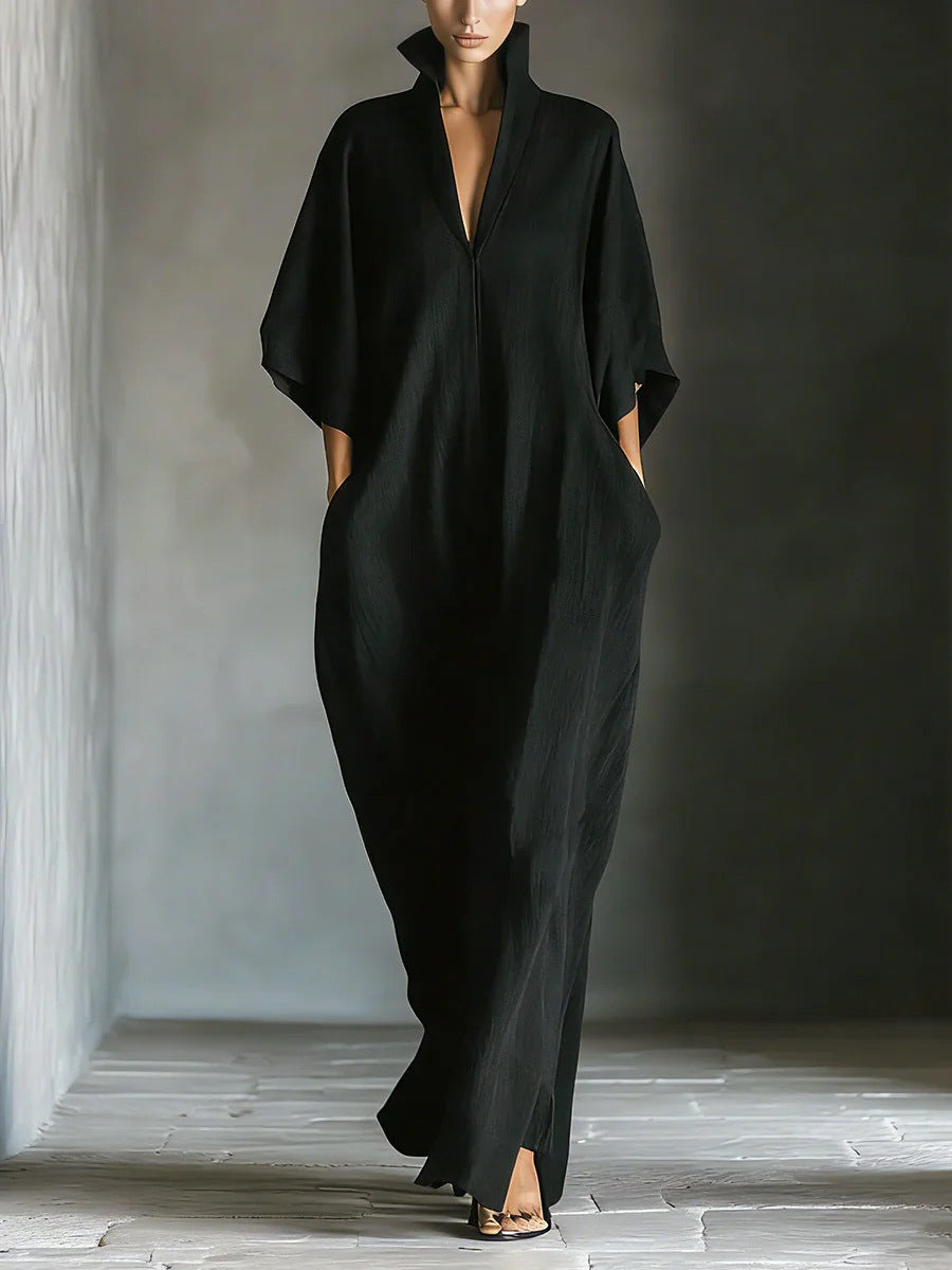 Alejandra™ | Gúna fada dubh íoslaghdach le gearradh scaoilte agus muinchillí kimono