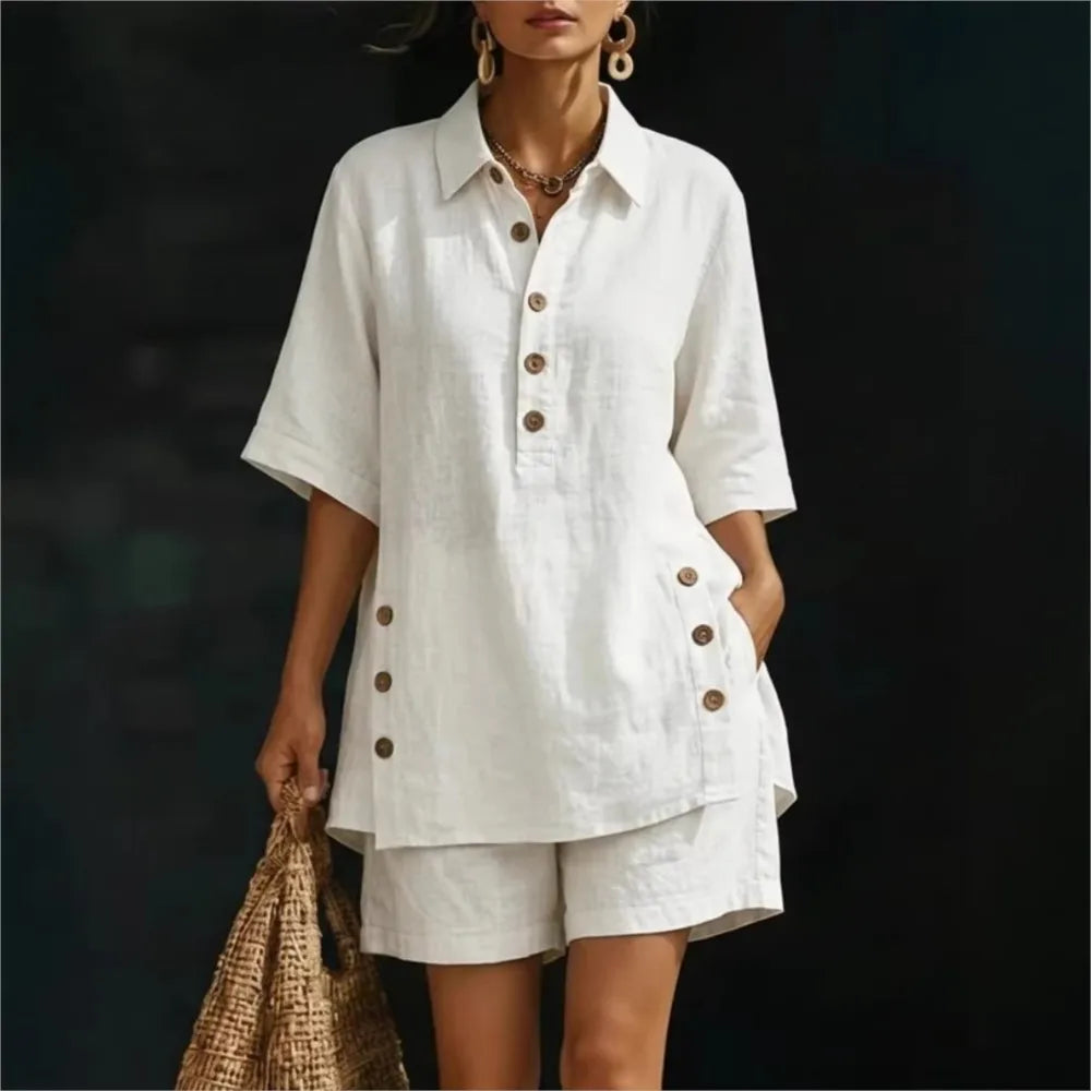 Solena | Camisa corta de manga corta con cuello de solapas y pantalones con bolsillos ribeteados