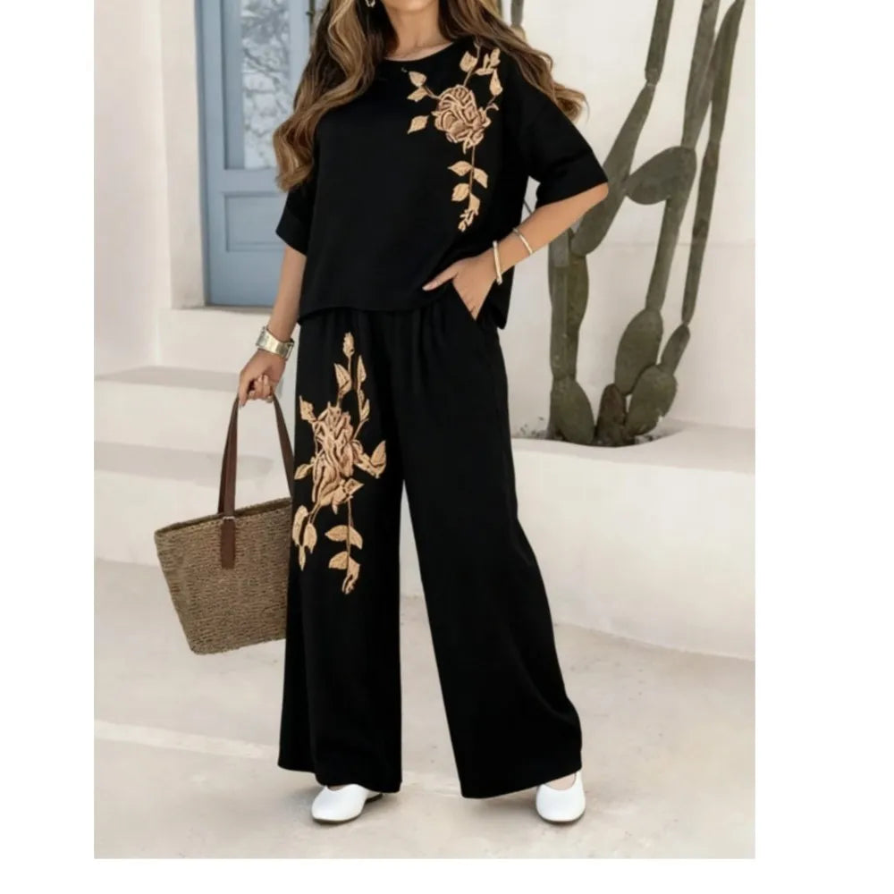 Felena | Conjunto de pantalón elegante de pierna ancha con bordados retro