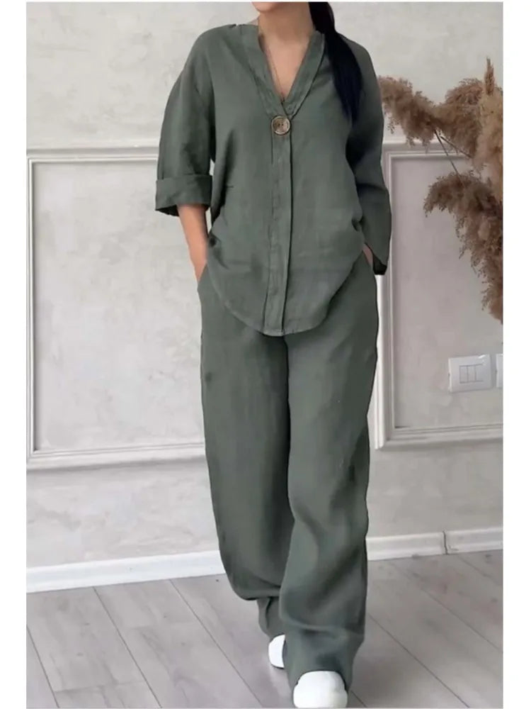 Mariana | Conjunto casual con top de cuello en V y mangas amplias