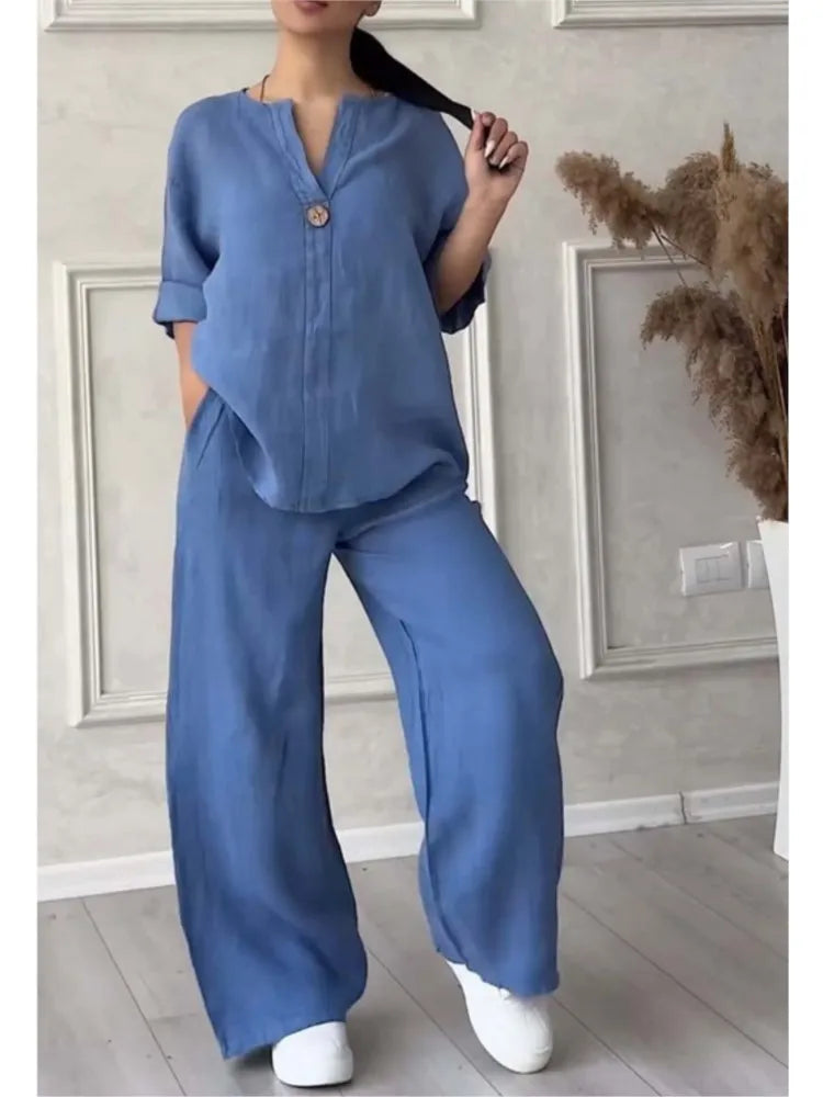 Mariana | Conjunto casual con top de cuello en V y mangas amplias