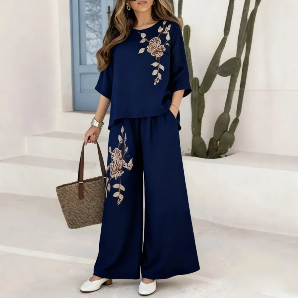 Felena | Conjunto de pantalón elegante de pierna ancha con bordados retro