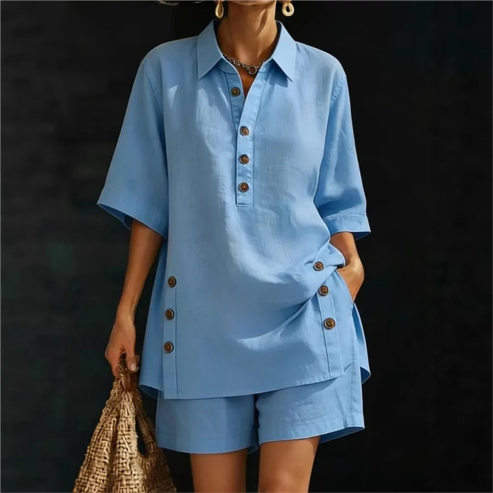 Solena | Camisa corta de manga corta con cuello de solapas y pantalones con bolsillos ribeteados