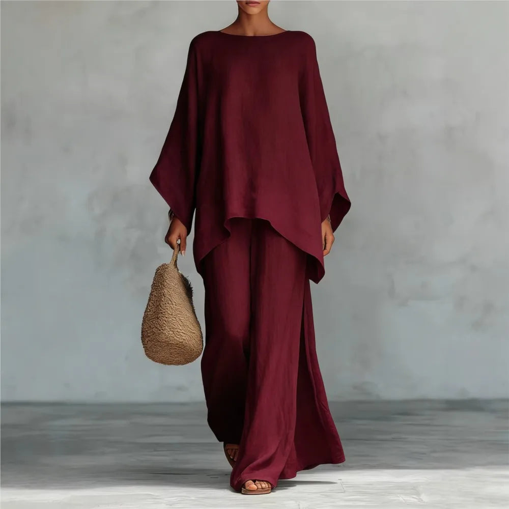 Lovina | Conjunto de lino con pantalón largo de pierna ancha y mangas largas