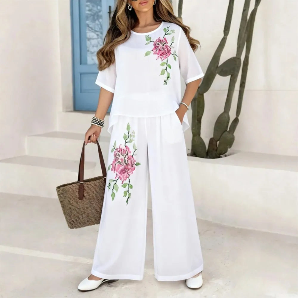 Felena | Conjunto de pantalón elegante de pierna ancha con bordados retro