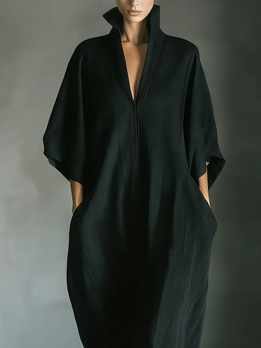 Alejandra™ | Gúna fada dubh íoslaghdach le gearradh scaoilte agus muinchillí kimono