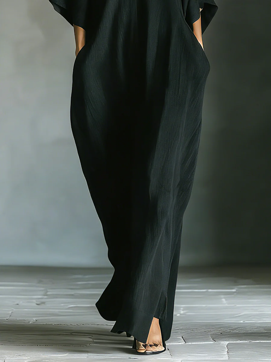 Alejandra™ | Gúna fada dubh íoslaghdach le gearradh scaoilte agus muinchillí kimono