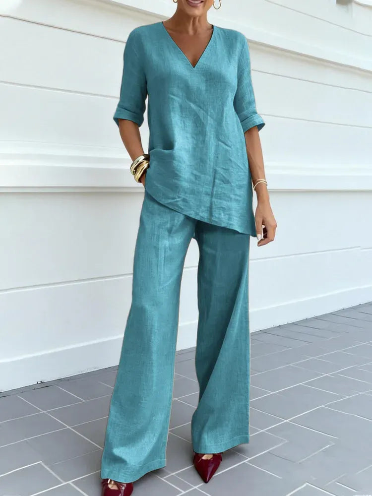 Susana | Conjunto de dos piezas con top de manga corta y pantalón recto