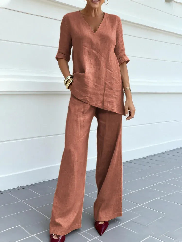 Susana | Conjunto de dos piezas con top de manga corta y pantalón recto