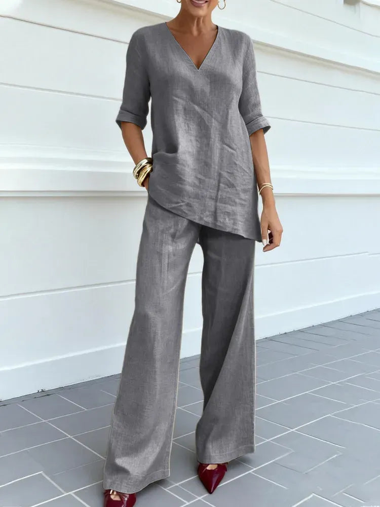 Susana | Conjunto de dos piezas con top de manga corta y pantalón recto